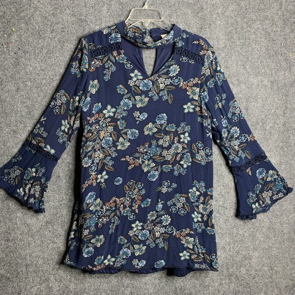 Altar’d State A Line Dress M Boho Blue Floral Bell Sleeves Crochet Cut Out Neck - Picture 1 of 16
